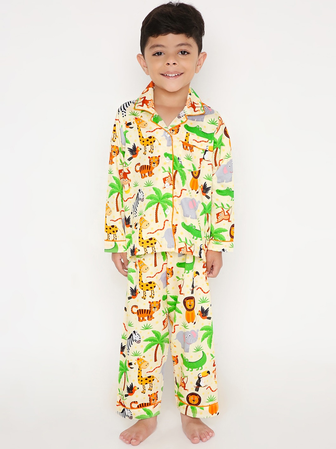 

Kidipoo Kids Yellow & Brown Printed Pure Cotton Night suit