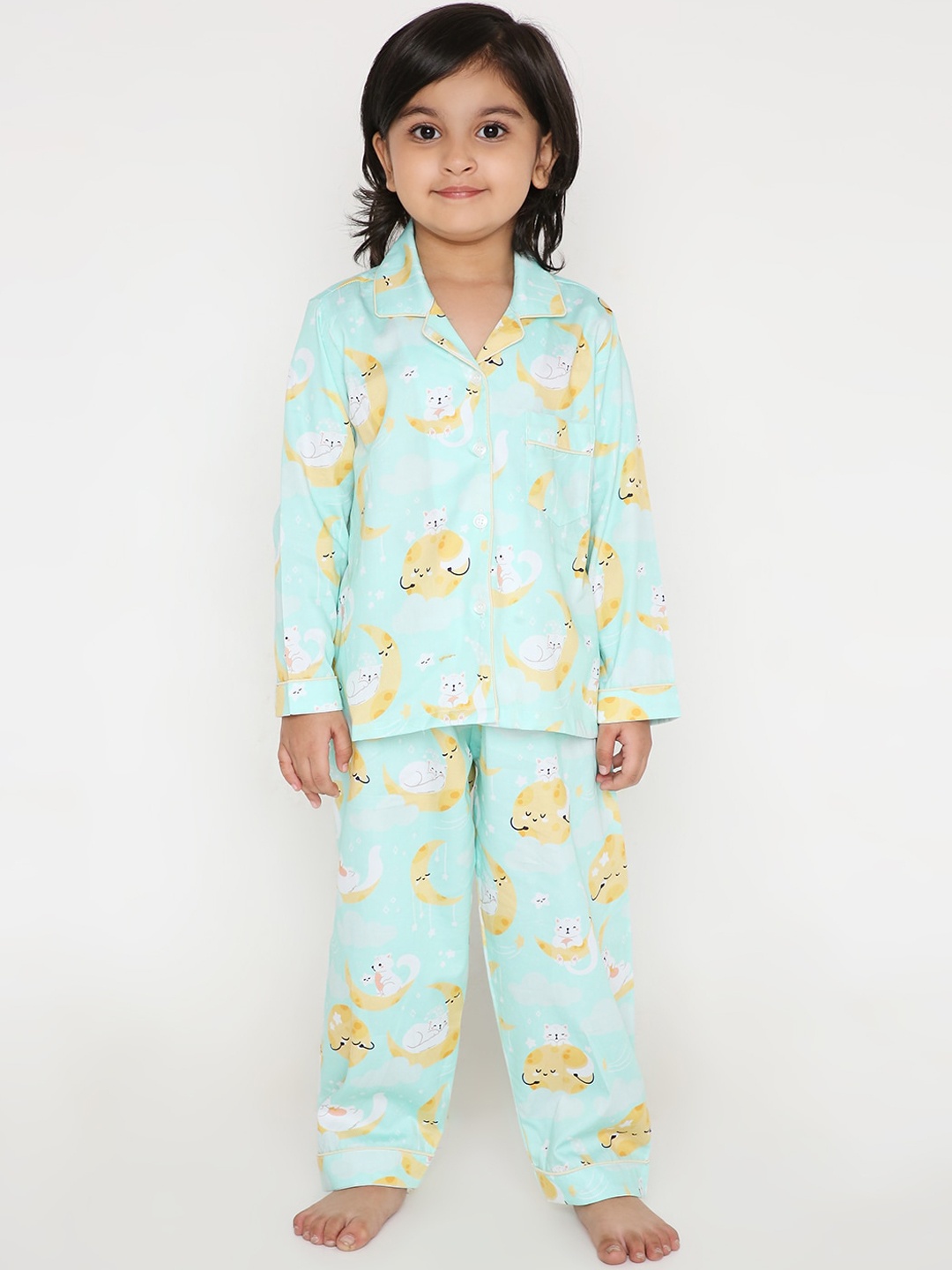 

Kidipoo Girls Blue & Brown Pure Cotton Printed Night suit