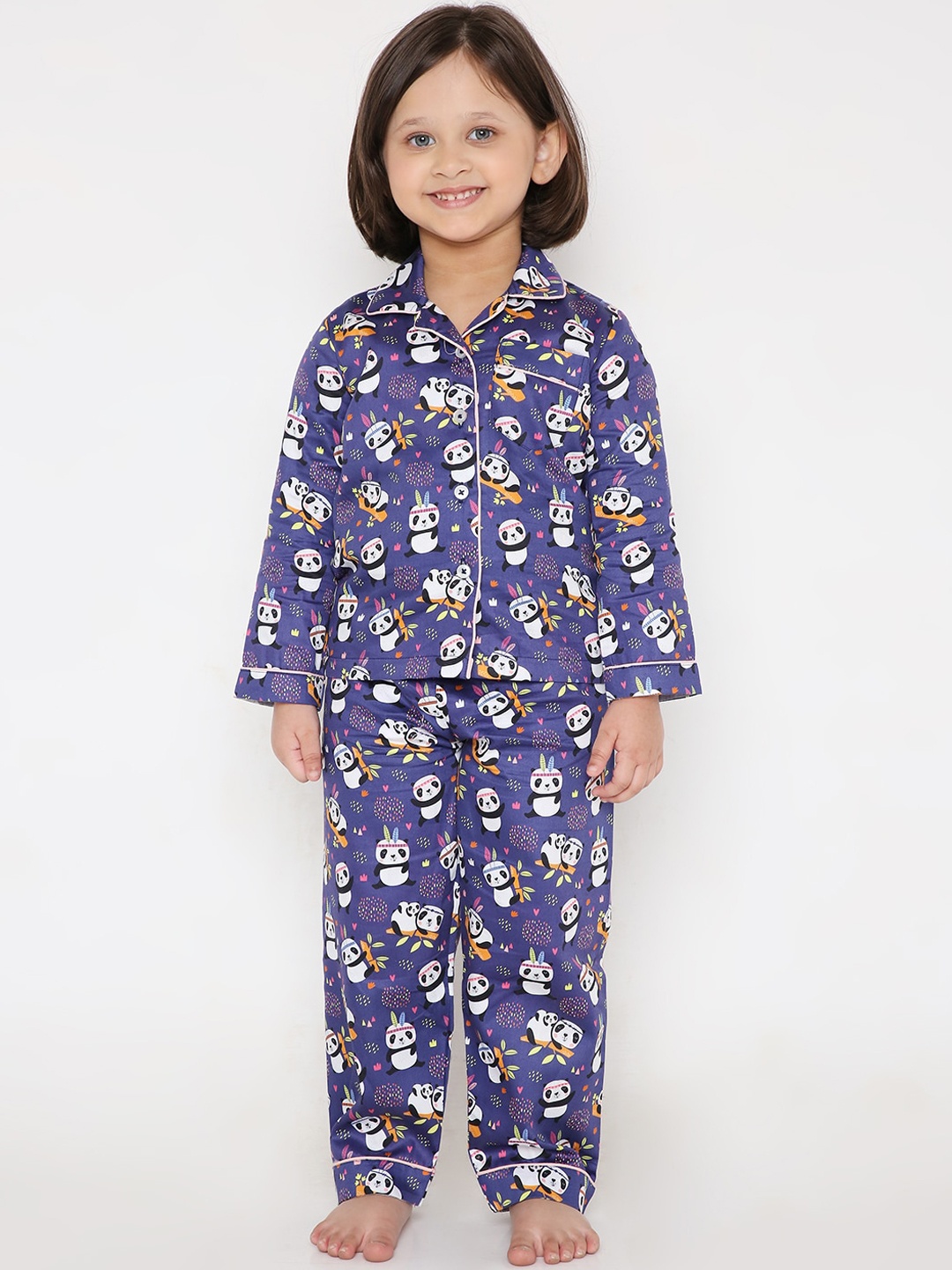 

Kidipoo Girls Blue & White Pure Cotton Printed Night suit