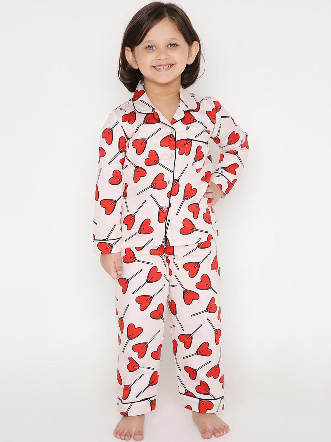 

Kidipoo Kids Pink & Red Printed Cotton Night Suit