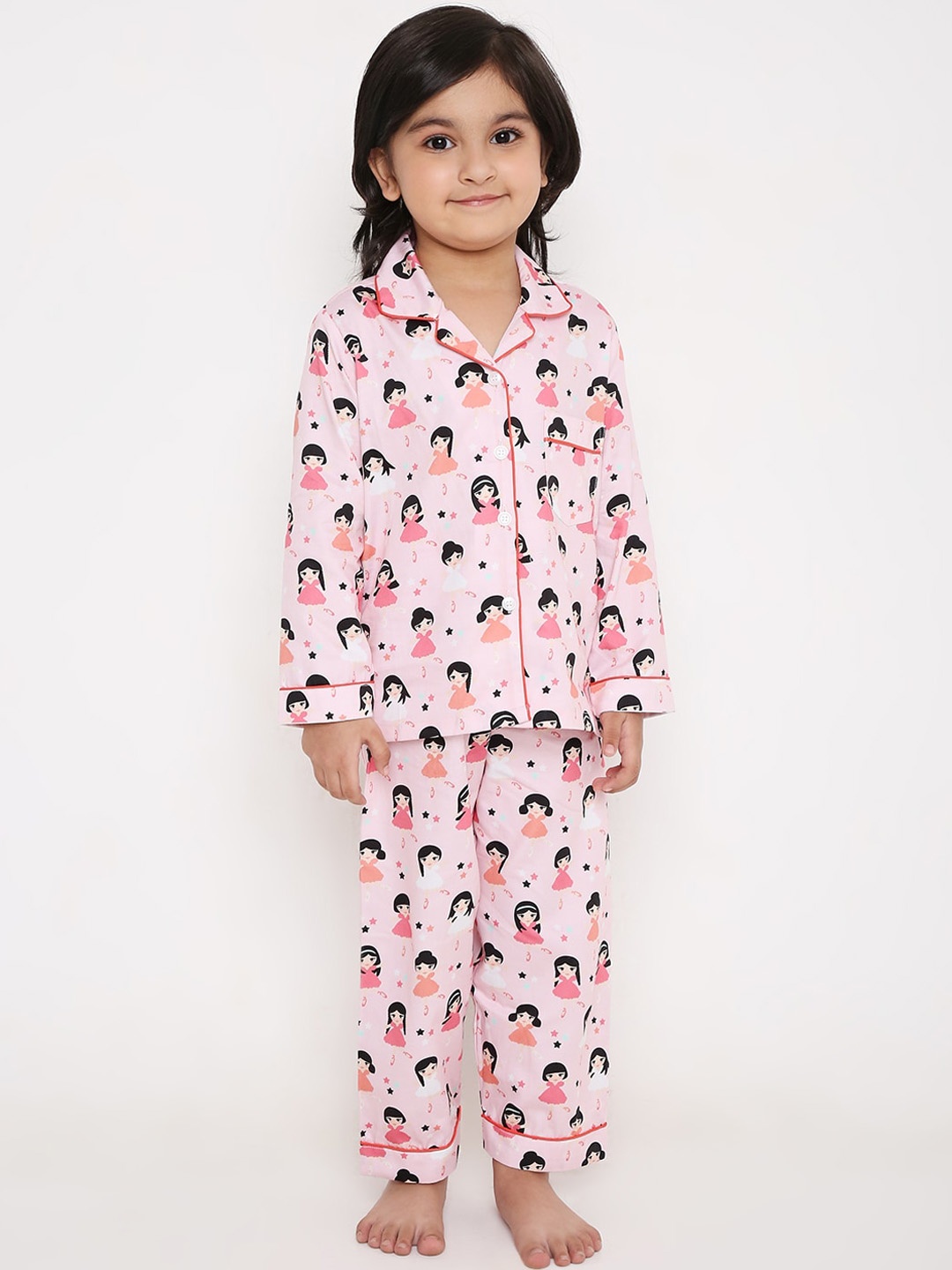 

Kidipoo Kids Pink & Black Printed Pure Cotton Night suit