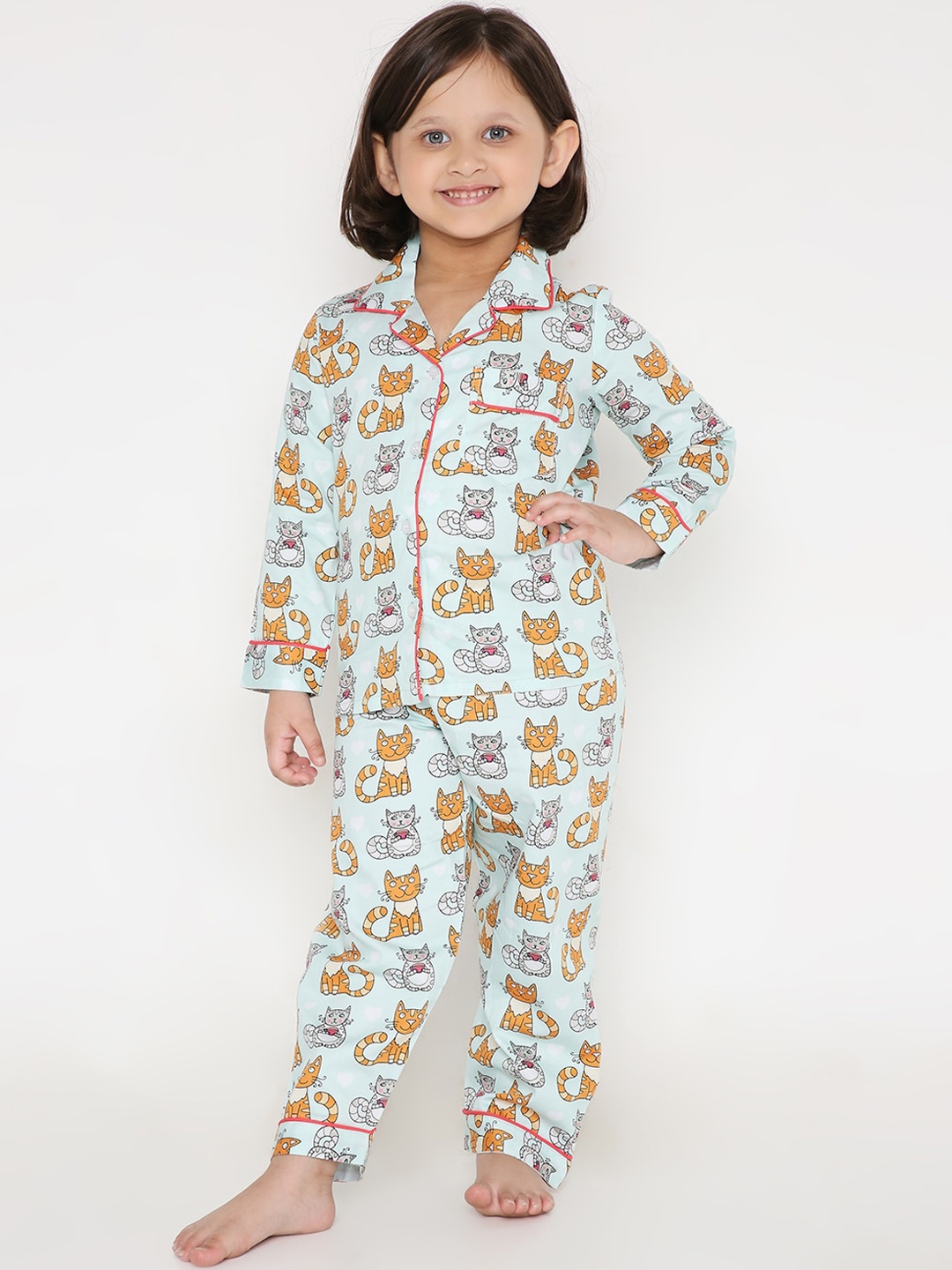 

Kidipoo Unisex Kids Blue & Brown Printed Cotton Night suit