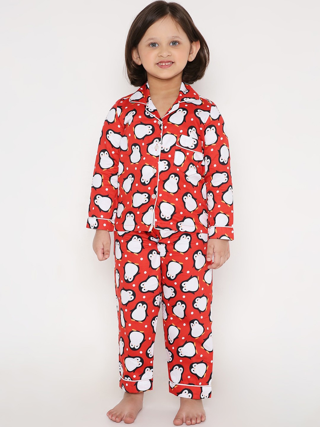 

Kidipoo Unisex Kids Red & White Cartoon Characters Printed Cotton Night suit