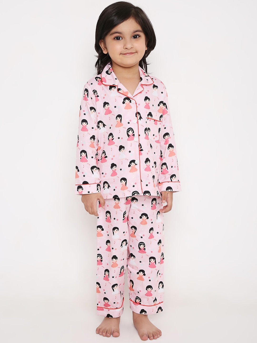 

Kidipoo Girls Pink & Black Pure Cotton Printed Night suit