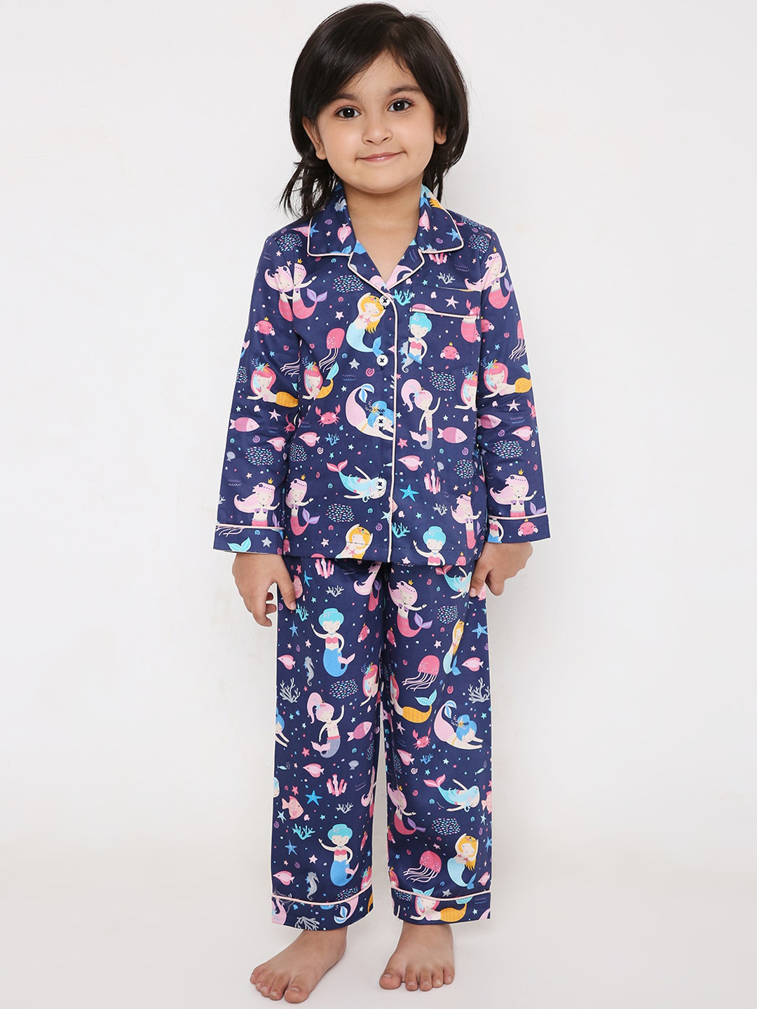 

Kidipoo Kids Navy Blue & Pink Printed Pure Cotton Night suit