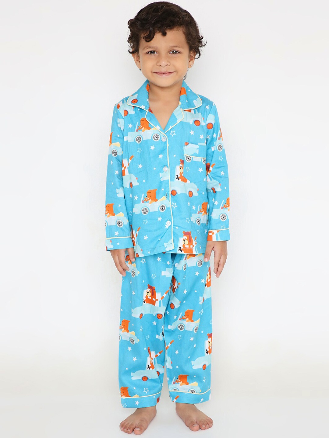 

Kidipoo Unisex Kids Blue & Brown Printed Pure Cotton Night suit