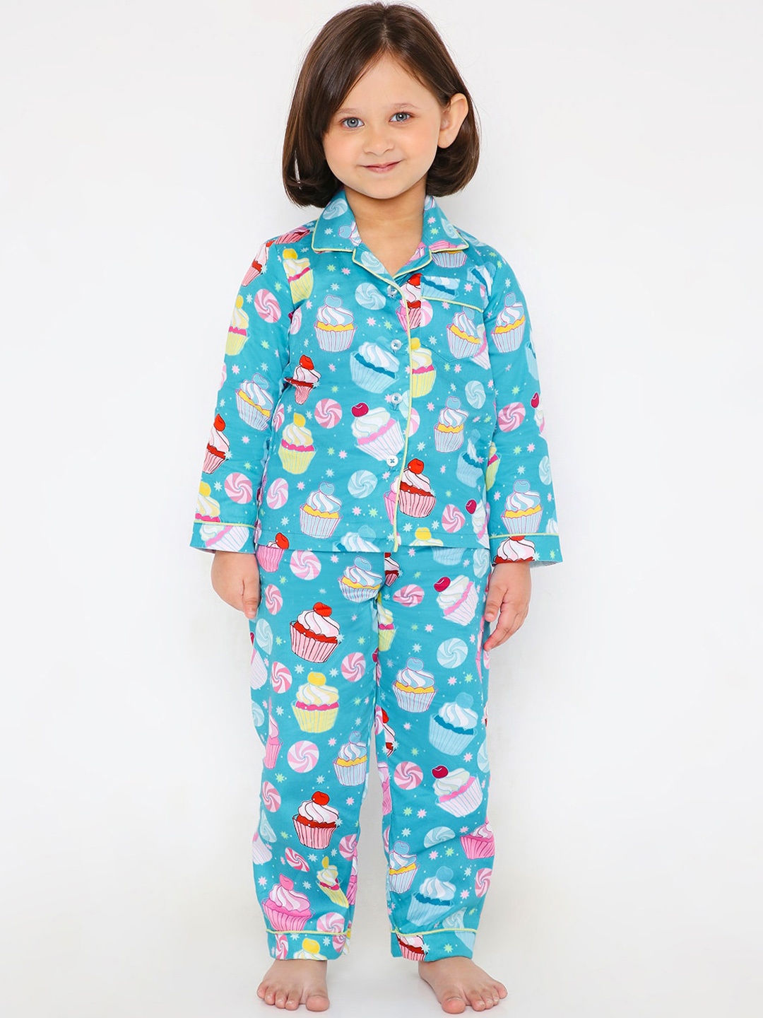 

Kidipoo Unisex Kids Blue & Pink Printed Cotton Night suit