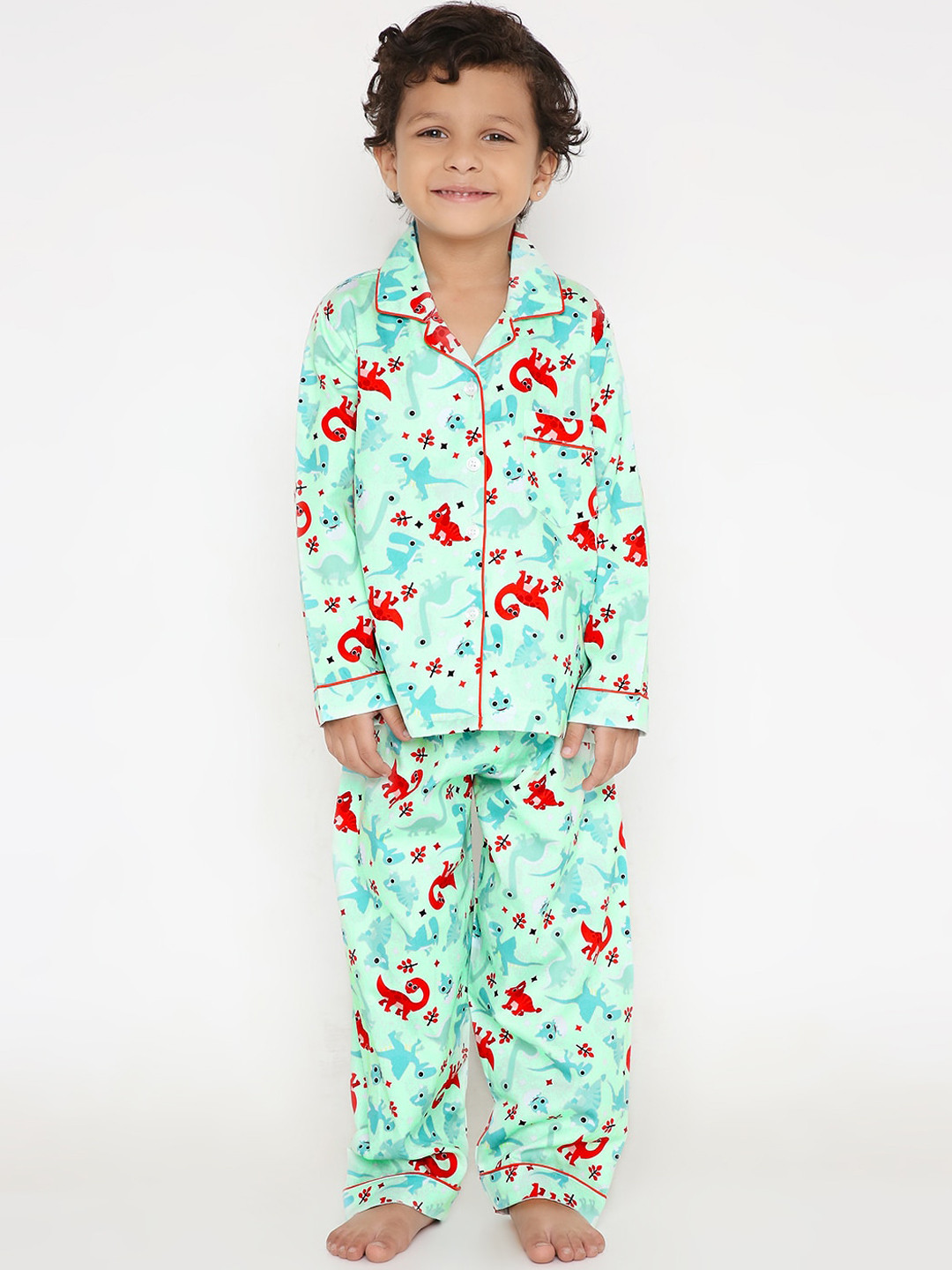

Kidipoo Unisex Kids Green & Red Printed Cotton Night suit
