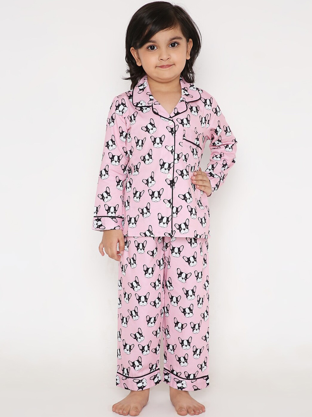 

Kidipoo Unisex Kids Pink & White Printed Cotton Night suit