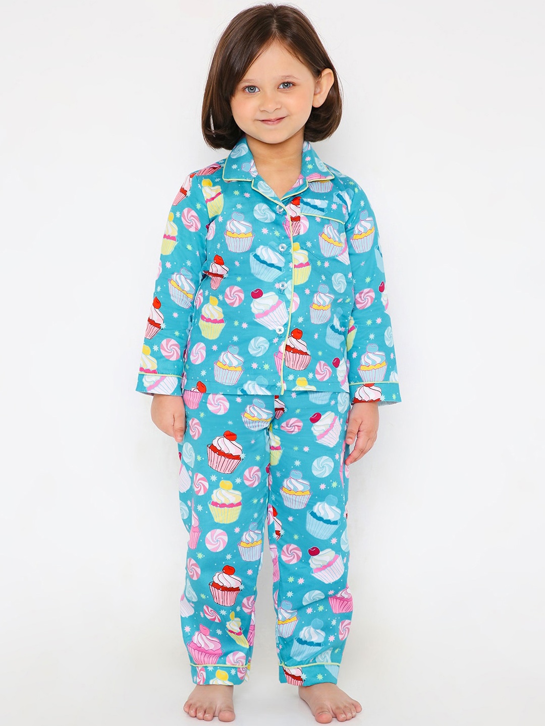 

Kidipoo Girls Blue & Pink Pure Cotton Printed Night suit