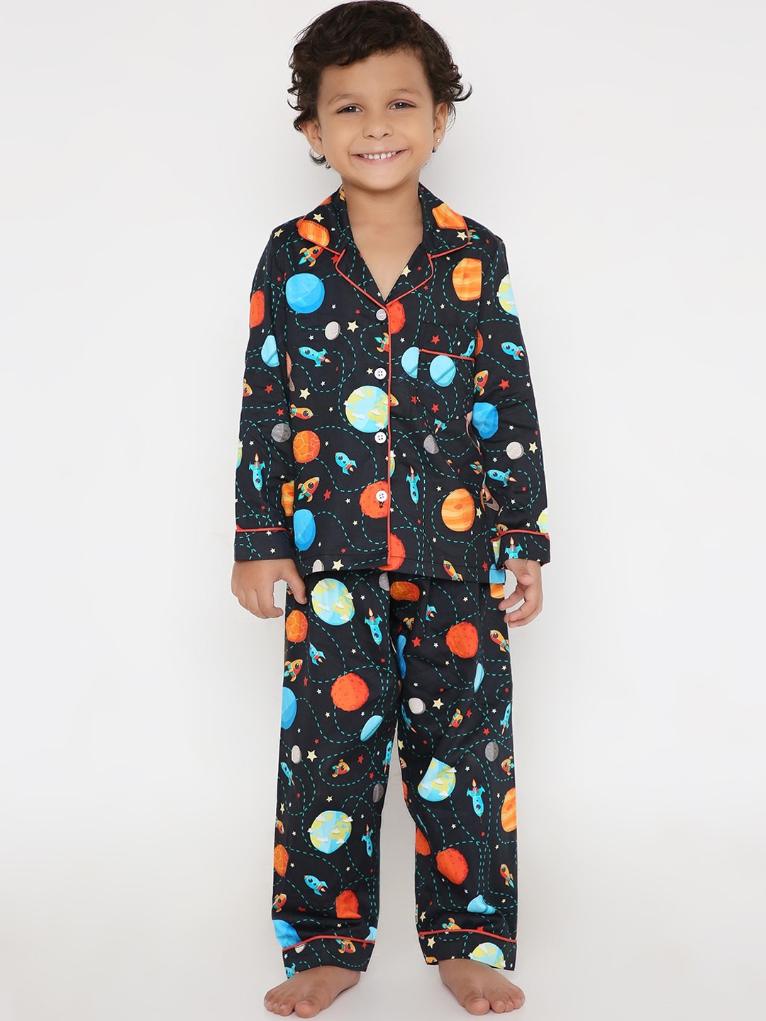 

Kidipoo Kids Black & Orange Pure Cotton Printed Night suit