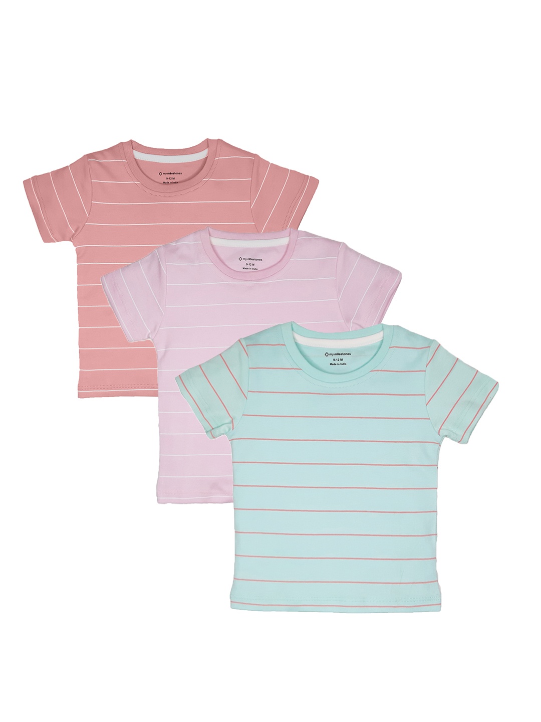 

My Milestones Girls Pink & Turquoise Blue 3 Striped T-shirt