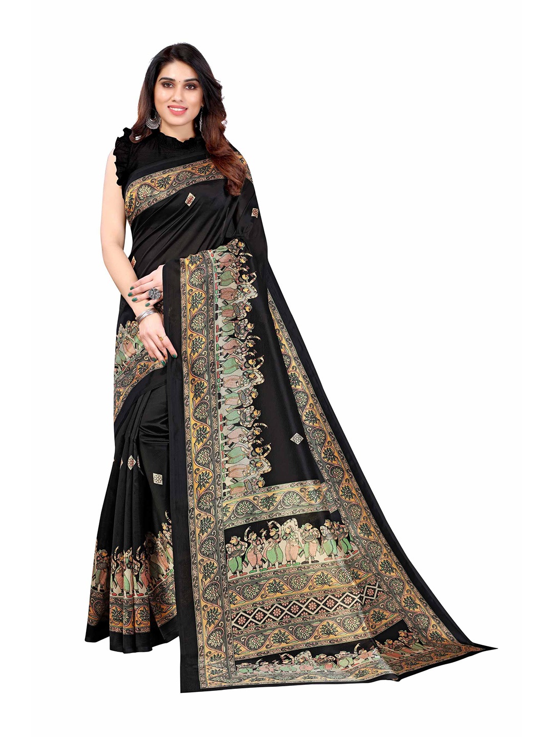 

AADVIKA Black & Orange Floral Art Silk Mysore Silk Saree