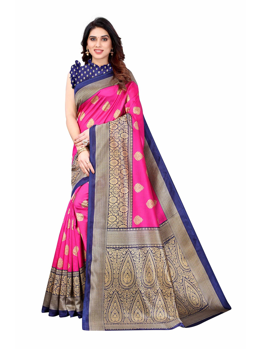 

AADVIKA Pink & Navy Blue Ethnic Motifs Art Silk Mysore Silk Saree