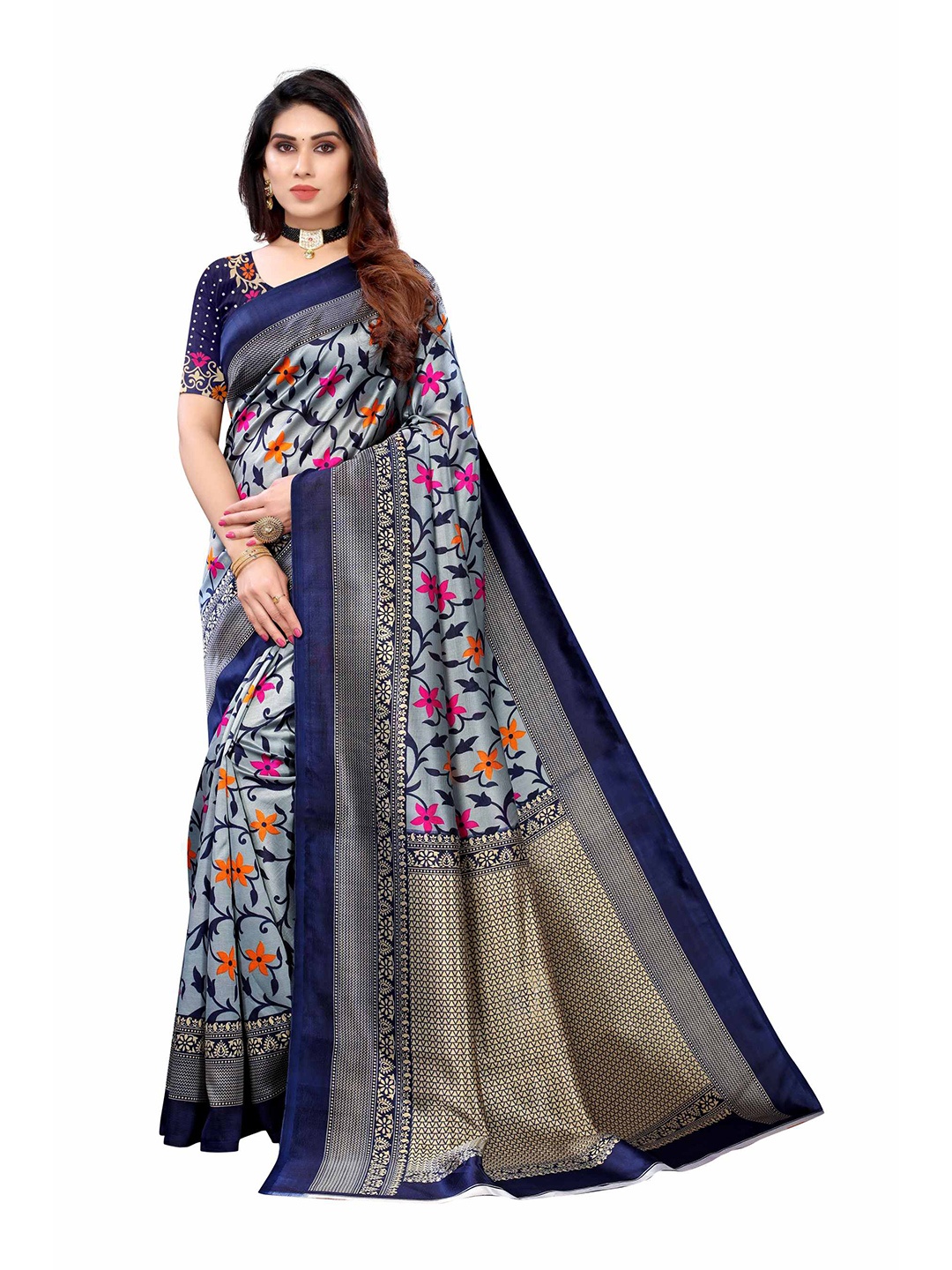 

AADVIKA Navy Blue & Red Floral Art Silk Mysore Silk Saree