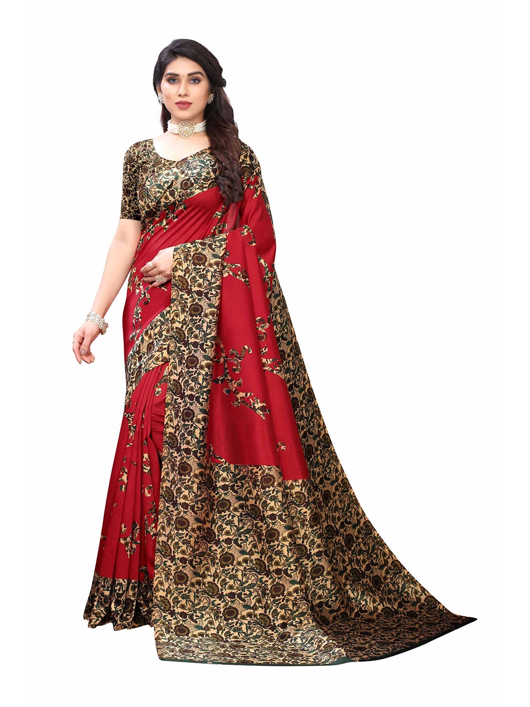 

AADVIKA Red & Brown Floral Art Silk Mysore Silk Saree