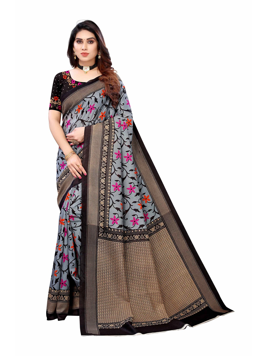 

AADVIKA Grey & Black Floral Art Silk Ready to Wear Mysore Silk Saree