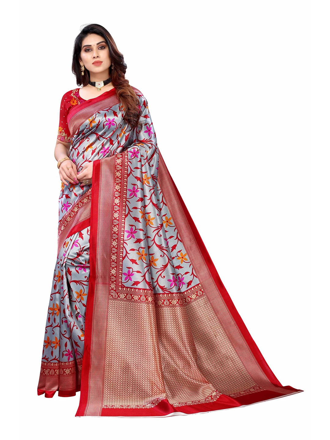 

AADVIKA Grey & Red Floral Art Silk Mysore Silk Saree
