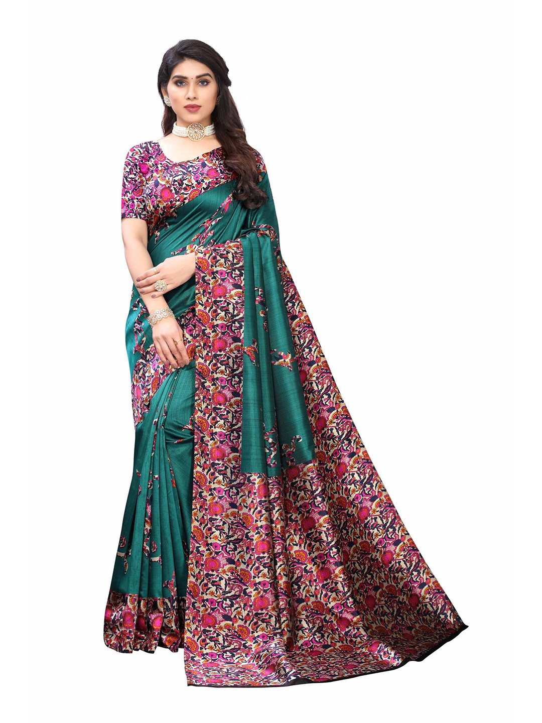 

AADVIKA Green & Pink Floral Art Silk Mysore Silk Saree