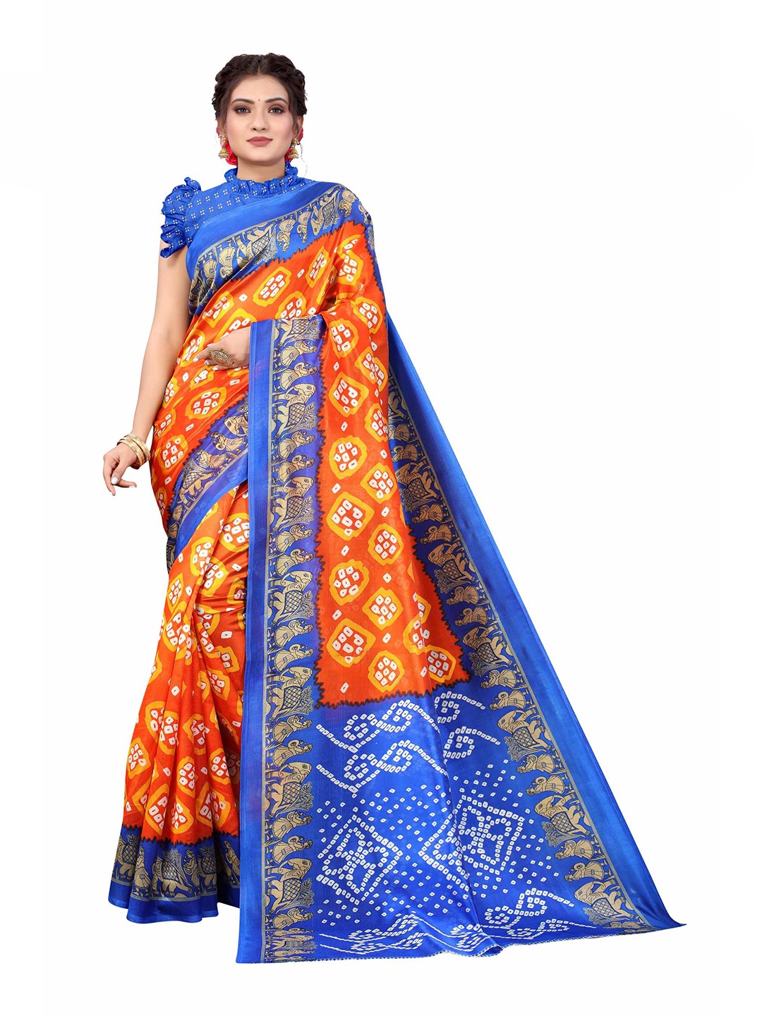 

AADVIKA Orange & Blue Ethnic Motifs Art Silk Mysore Silk Saree