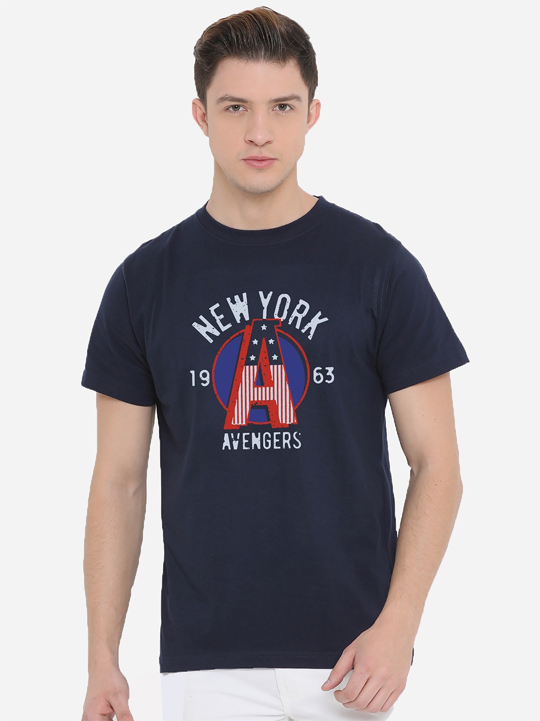 

Fully Filmy Men Navy Blue Typography Printed Applique T-shirt