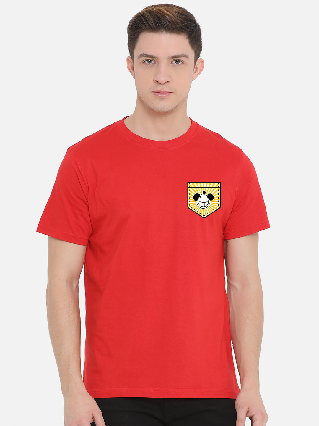 

Fully Filmy Men Red Mickey Mouse Applique T-shirt