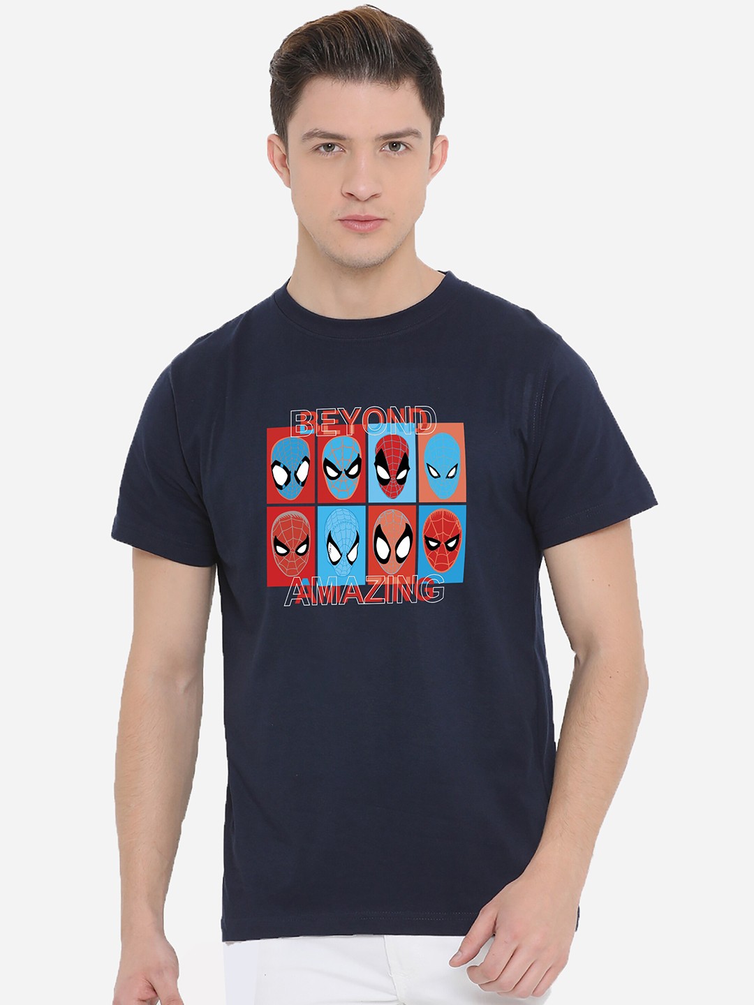 

Fully Filmy Men Navy Blue Spider Man Printed Cotton T-shirt