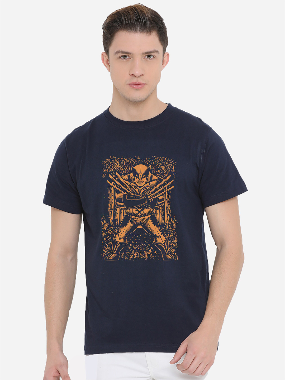 

Fully Filmy Men Navy Blue Marvel Wolverine Printed Cotton T-shirt