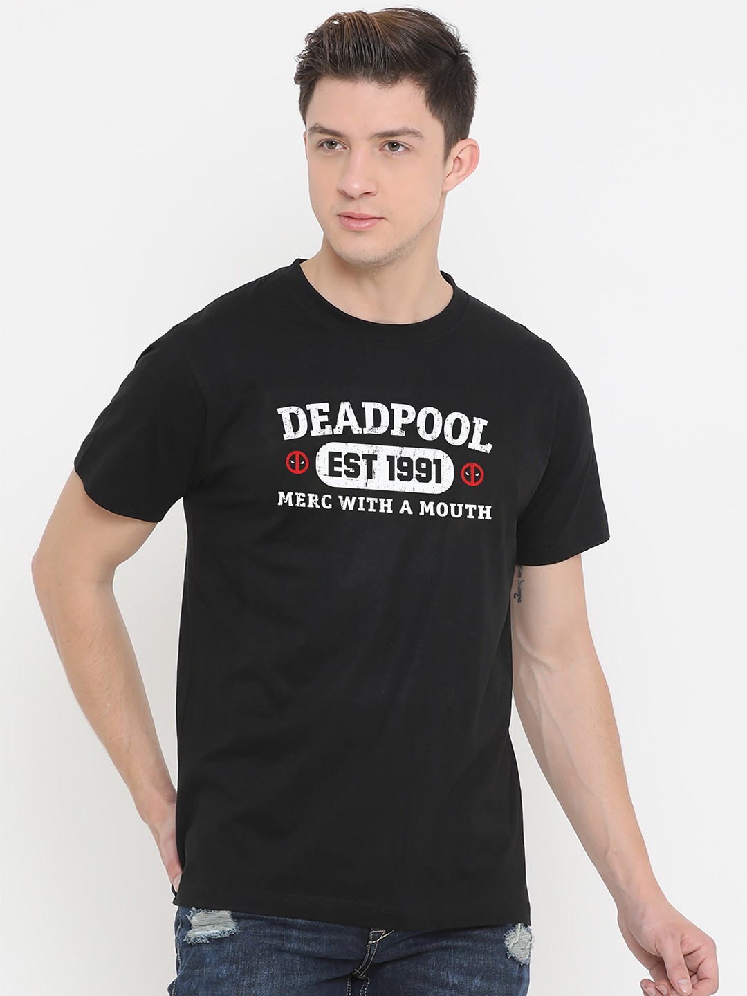 

Fully Filmy Men Black Deadpool Estd 1991 Printed T-shirt