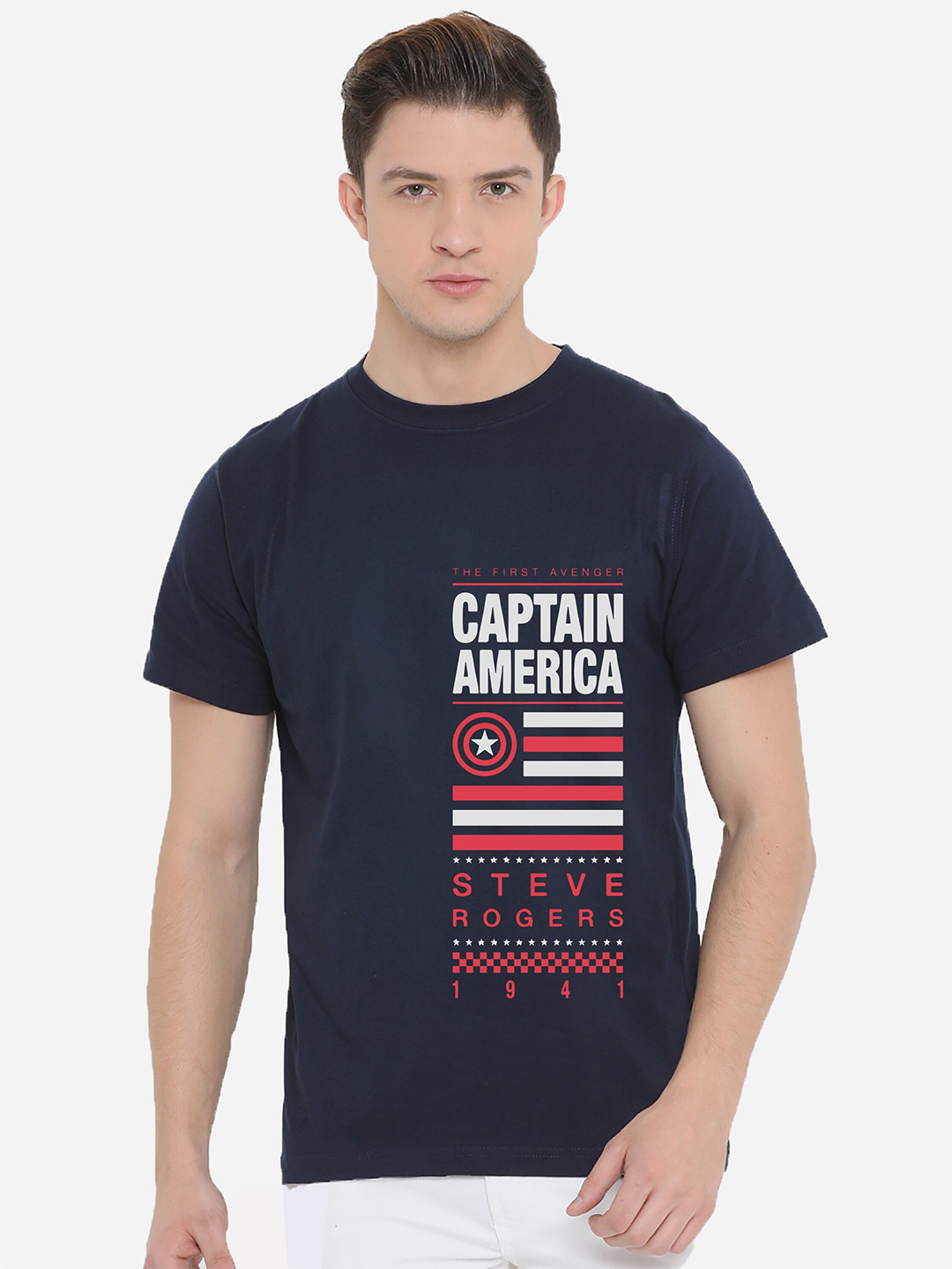 

Fully Filmy Men Navy Blue Typography Captain America Printed Cotton T-shirt