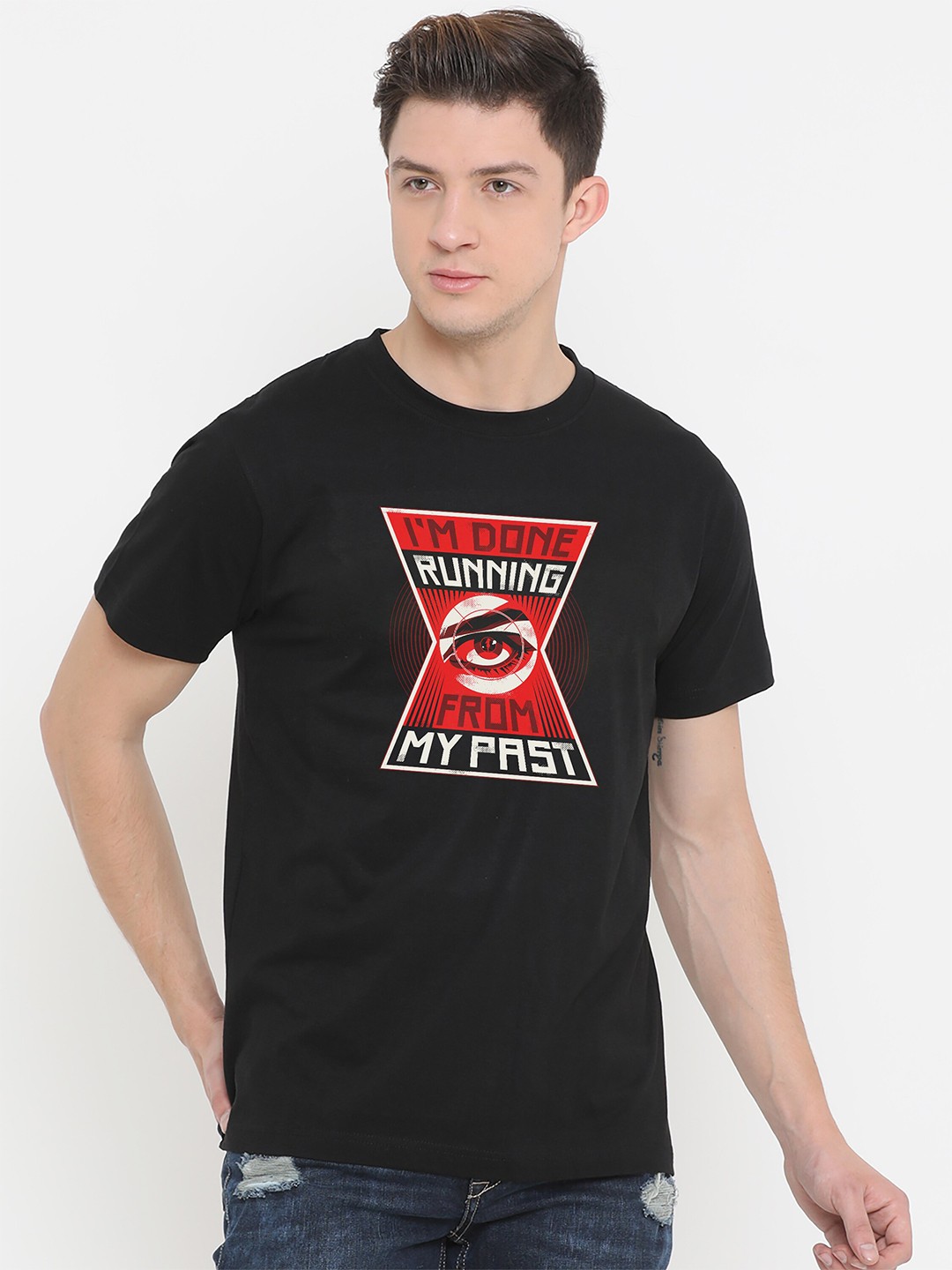 

Fully Filmy Men Black Typography Printed Applique T-shirt
