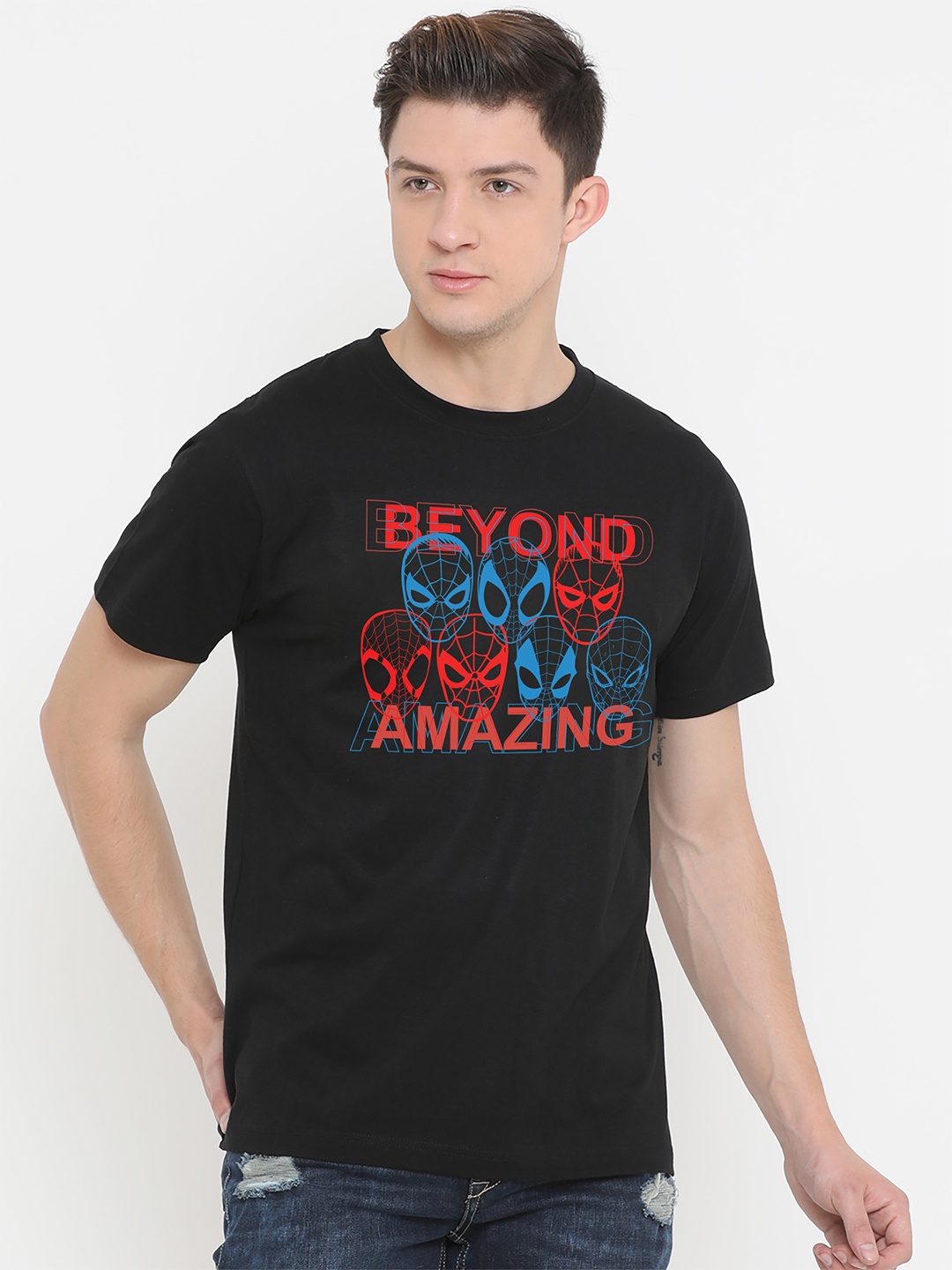 

Fully Filmy Men Black Spider Man Printed Cotton T-shirt