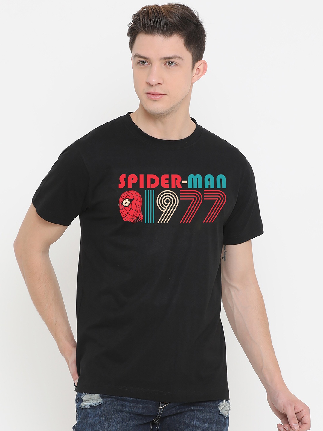 

Fully Filmy Men Black Spider Man Printed Cotton T-shirt
