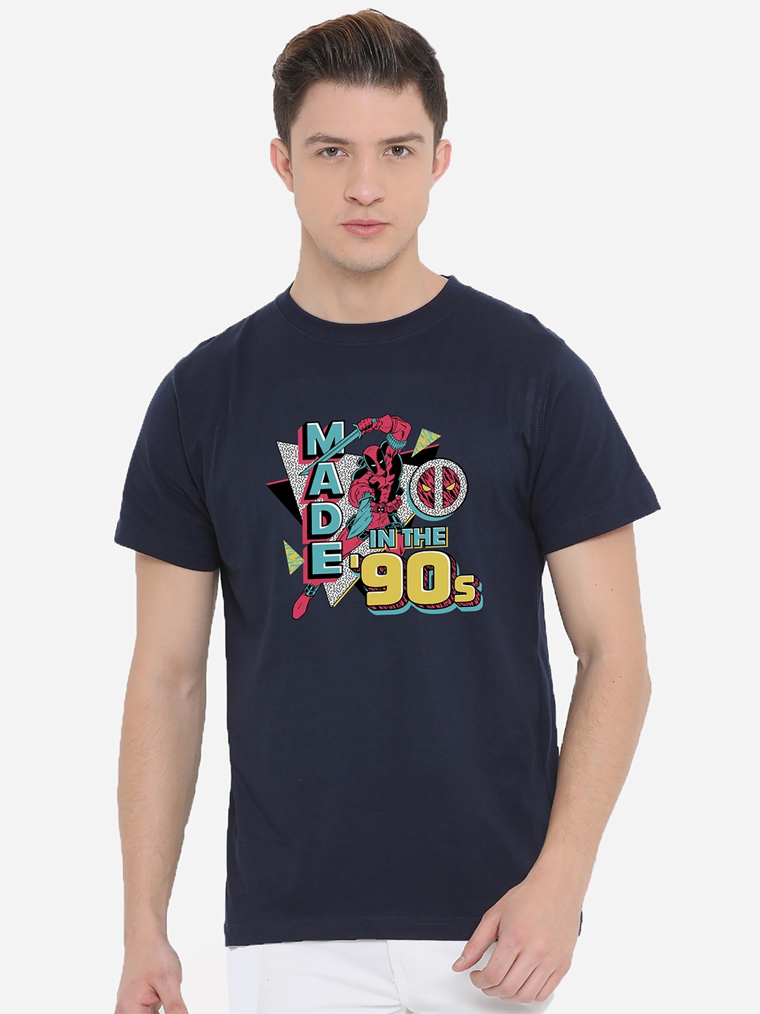 

Fully Filmy Men Navy Blue Typography Printed Applique T-shirt
