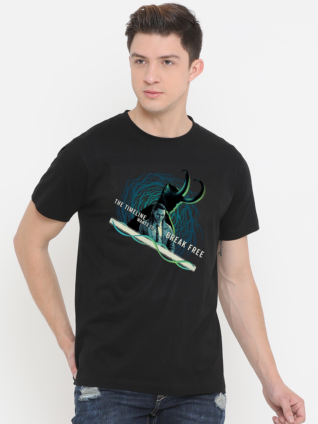 

Fully Filmy Men Black Loki Timeline Printed Cotton T-shirt