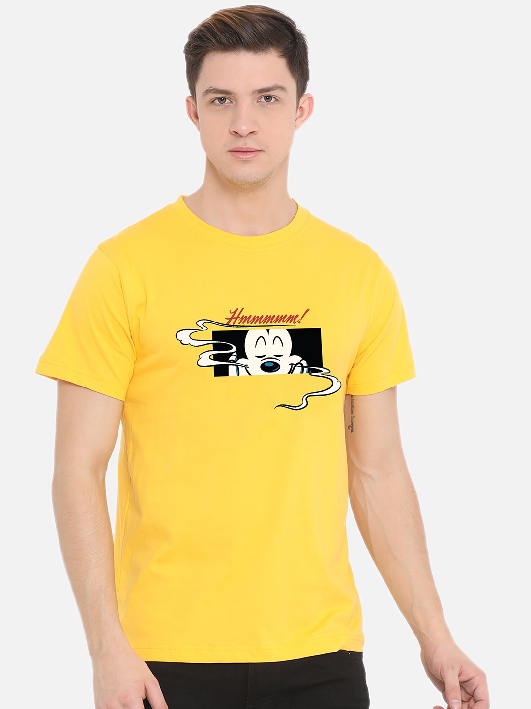 

Fully Filmy Men Yellow Mickey Mouse Printed Cotton T-shirt