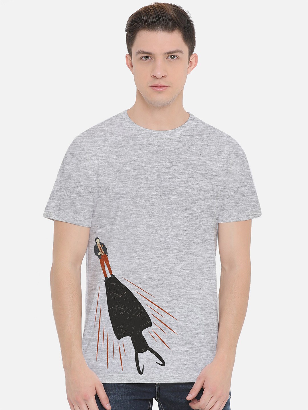 

Fully Filmy Men Grey Melange Printed Cotton T-shirt
