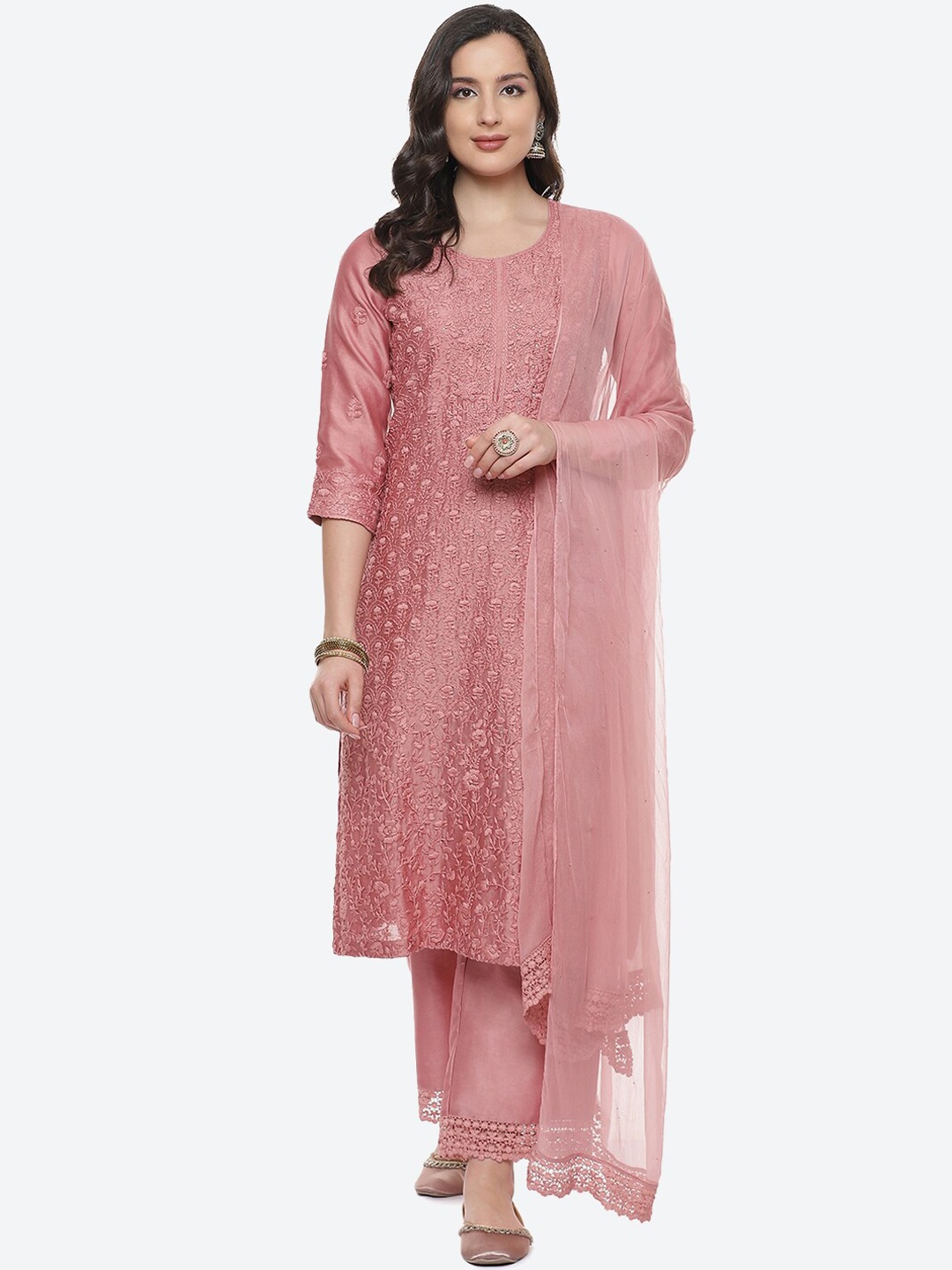 

Biba Women Pink Chanderi Silk Kurta with Palazzos & With Dupatta