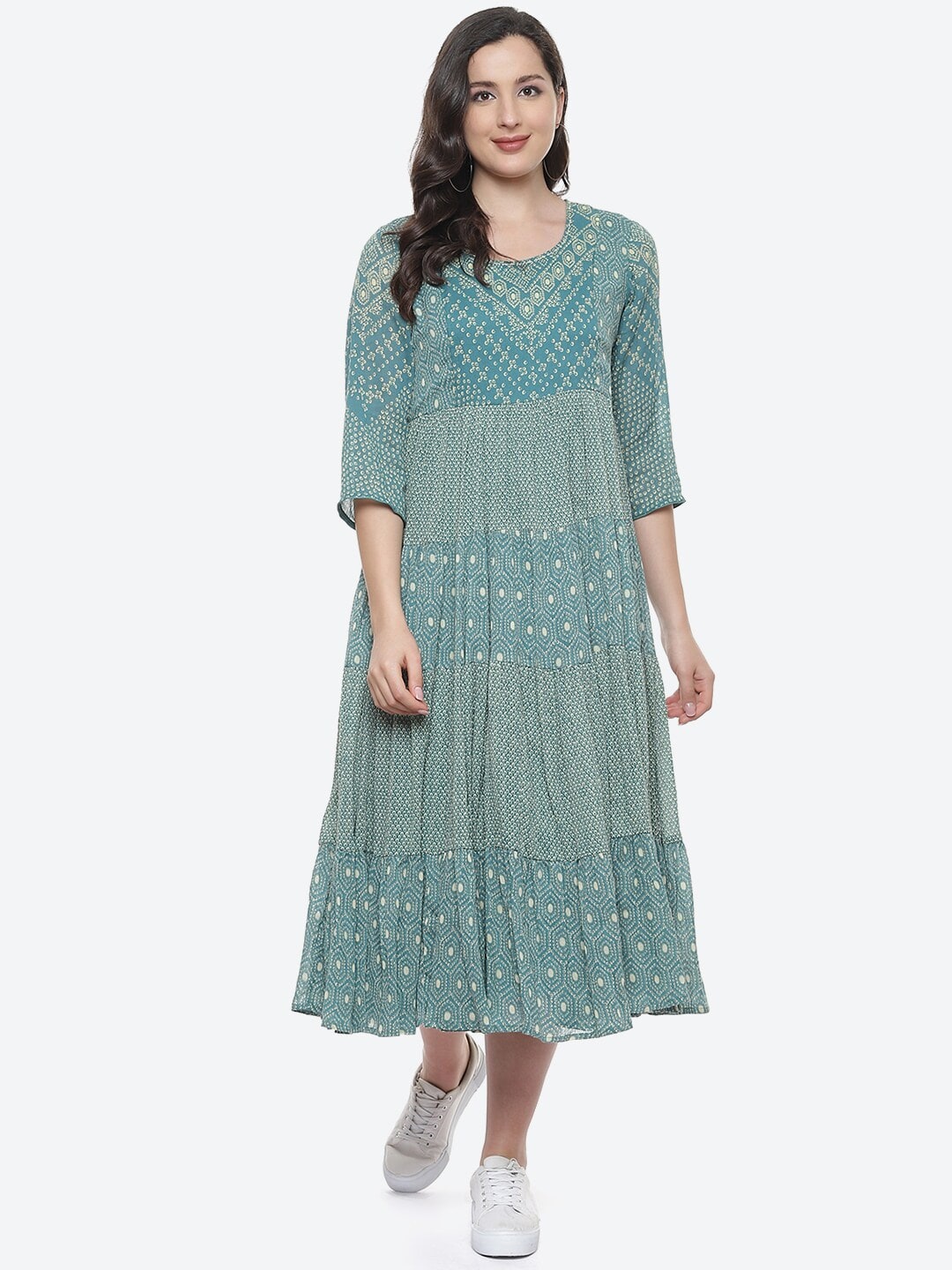 

Biba Women Teal & Cream-Coloured Ethnic Motifs Ethnic A-Line Dress