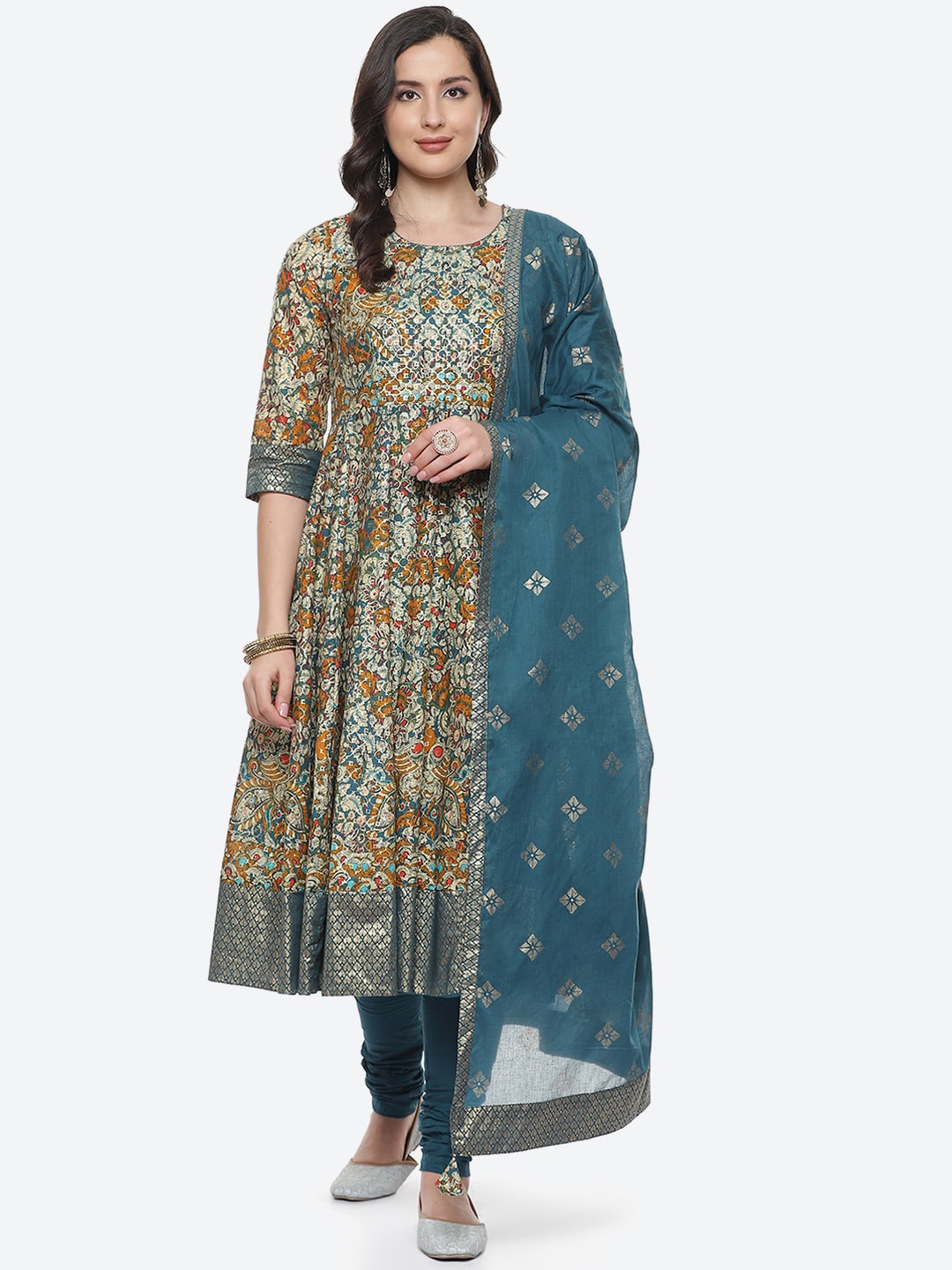 

Biba Women Teal Floral Printed Panelled Pure Cotton Kurta with Churidar & With Dupatta