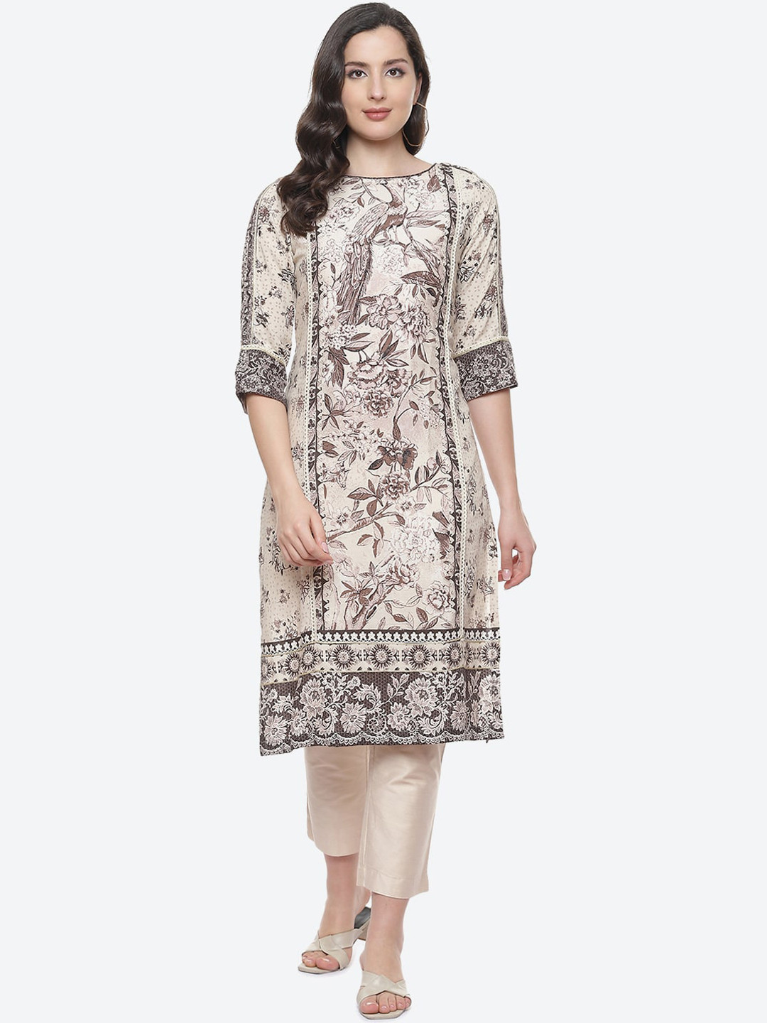 

Biba Women Beige Floral Printed Kurta