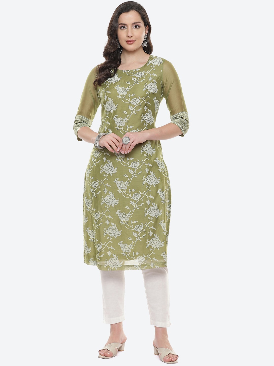 

Biba Women Green & White Floral Printed Kurta