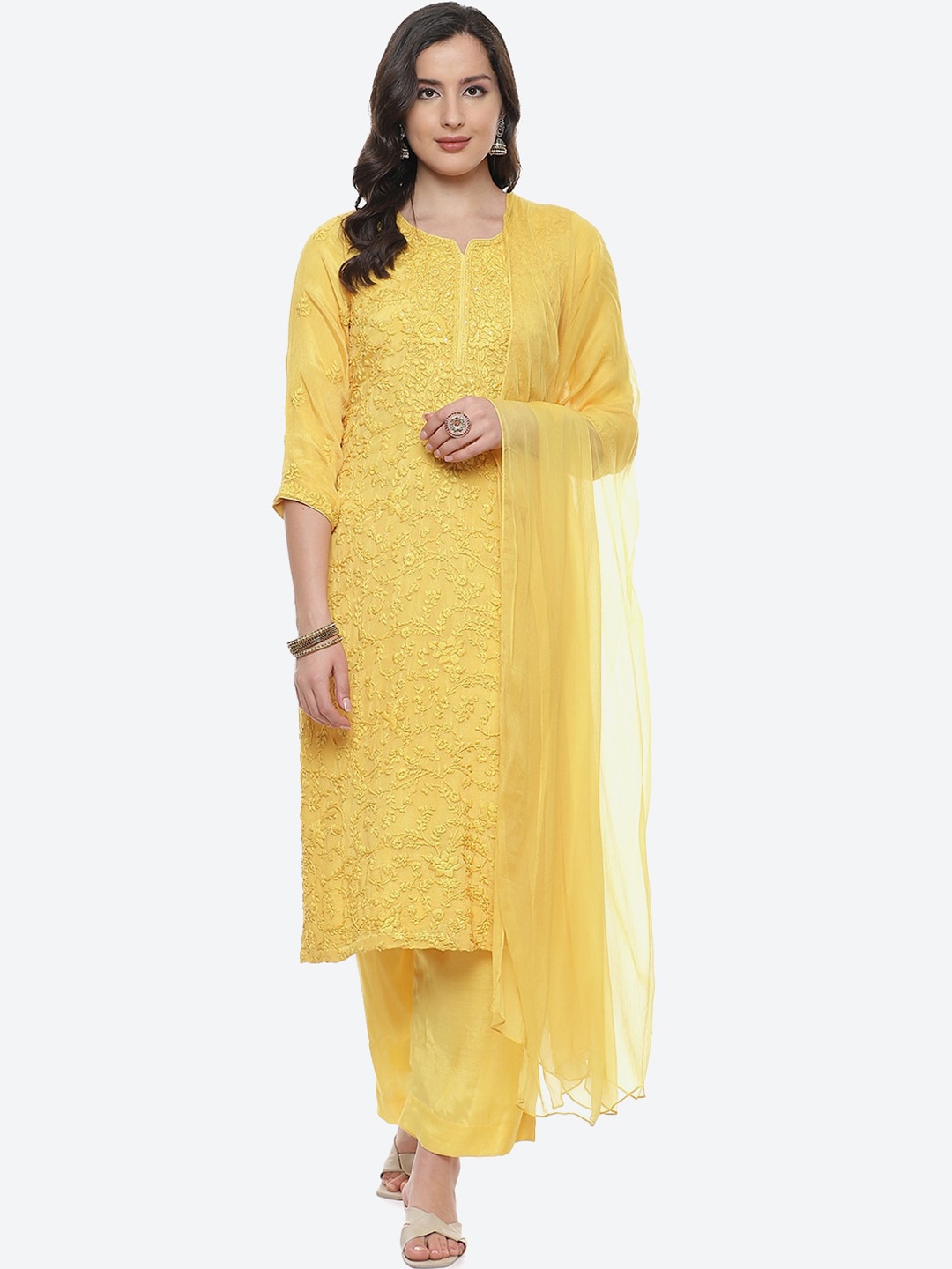 

Biba Women Mustard Yellow Ethnic Motifs Embroidered Thread Work Kurta with Palazzos With Dupatta