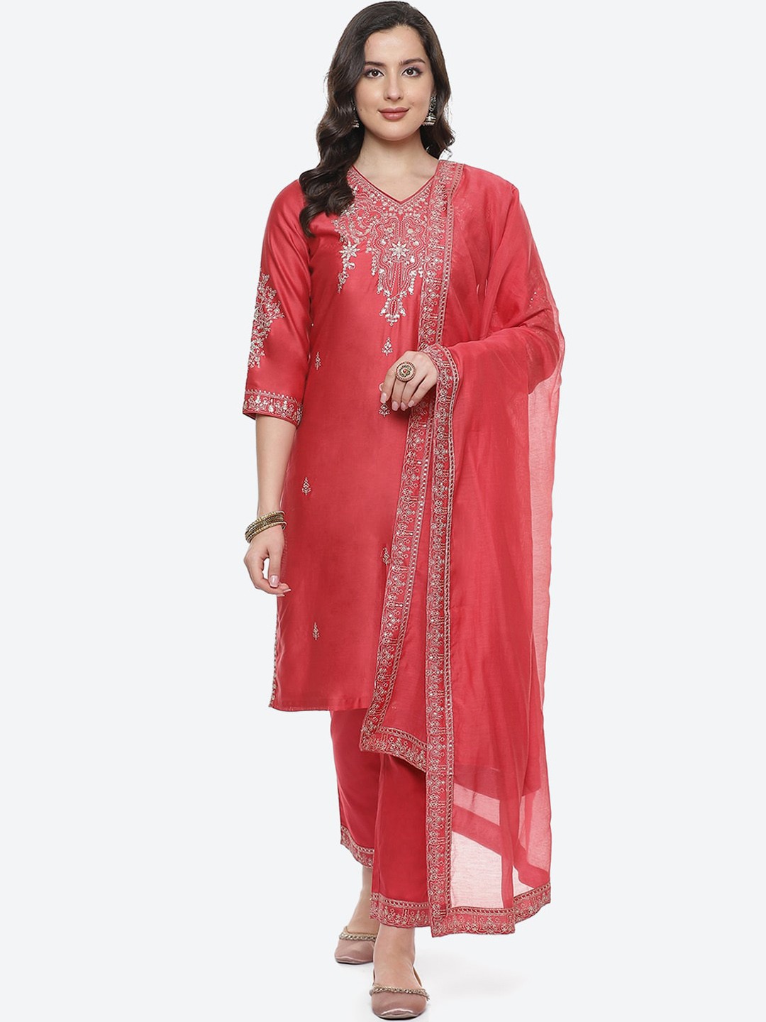 

Biba Women Coral Floral Embroidered Chanderi Silk Kurta with Trousers & With Dupatta