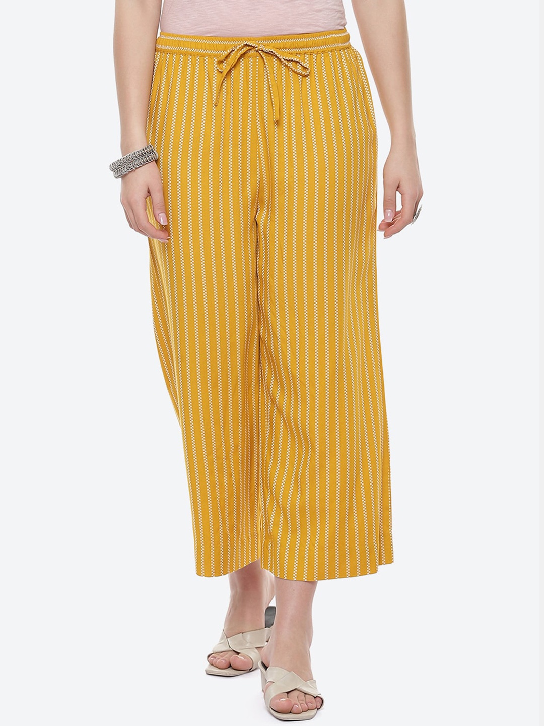 

Biba Women Mustard Yellow Striped Straight Fit Trousers