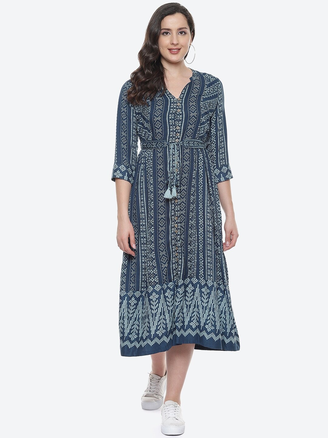 

Biba Teal & White Ethnic Motifs Ethnic A-Line Midi Dress