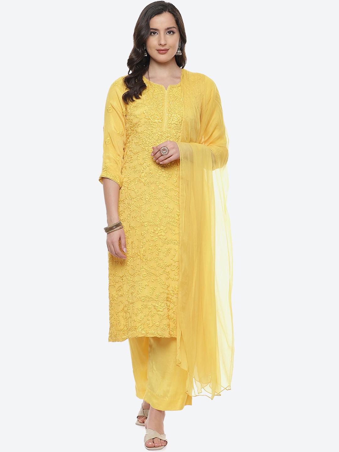 

Biba Women Mustard Yellow Striped Kurta with Palazzos & With Dupatta