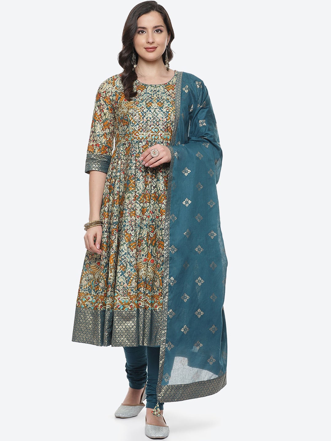 

Biba Women Teal Floral Printed Panelled Pure Cotton Kurta with Churidar & With Dupatta