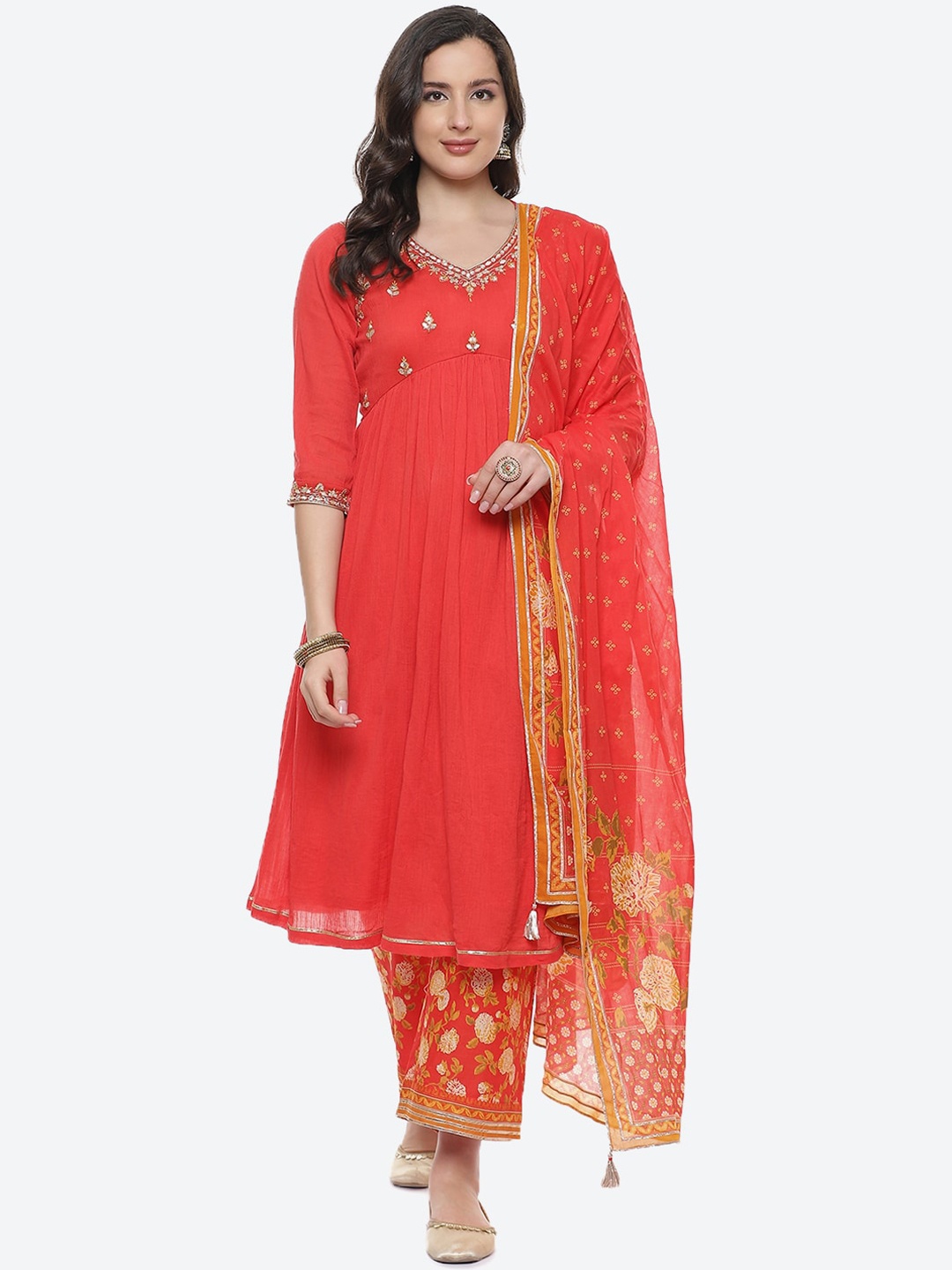 Biba Women Red Floral Yoke Design Empire Pure Cotton Kurta with Palazzos With Dupatta