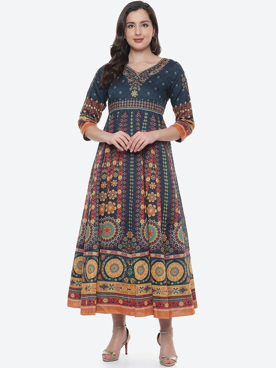 

Biba Teal Blue & Brown Ethnic Motifs Ethnic Maxi Dress